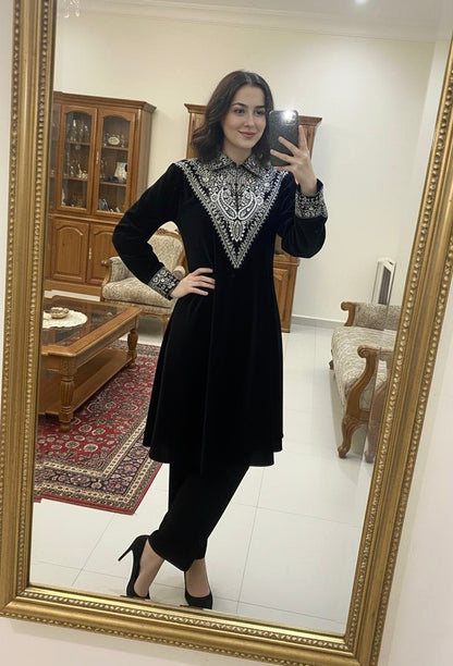 Neck Sequence Embroidery Work with Collar Velvet Cord Set