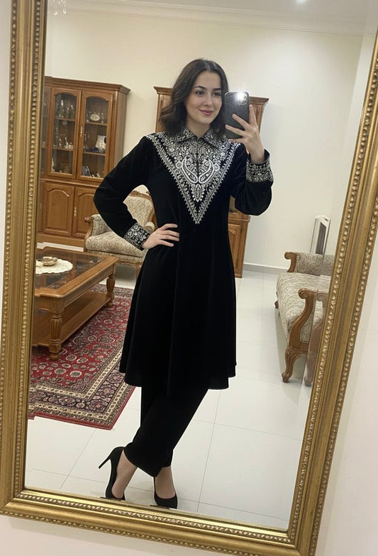 Neck Sequence Embroidery Work with Collar Velvet Cord Set