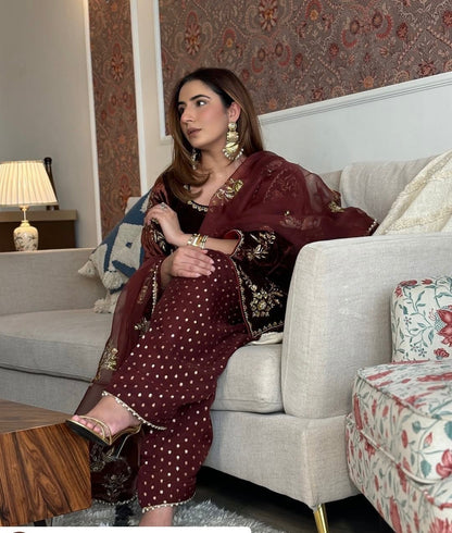 Sequence Embroidery Work Winter Special Velvet Kurti Pant Dupatta Set (Ready to Wear)