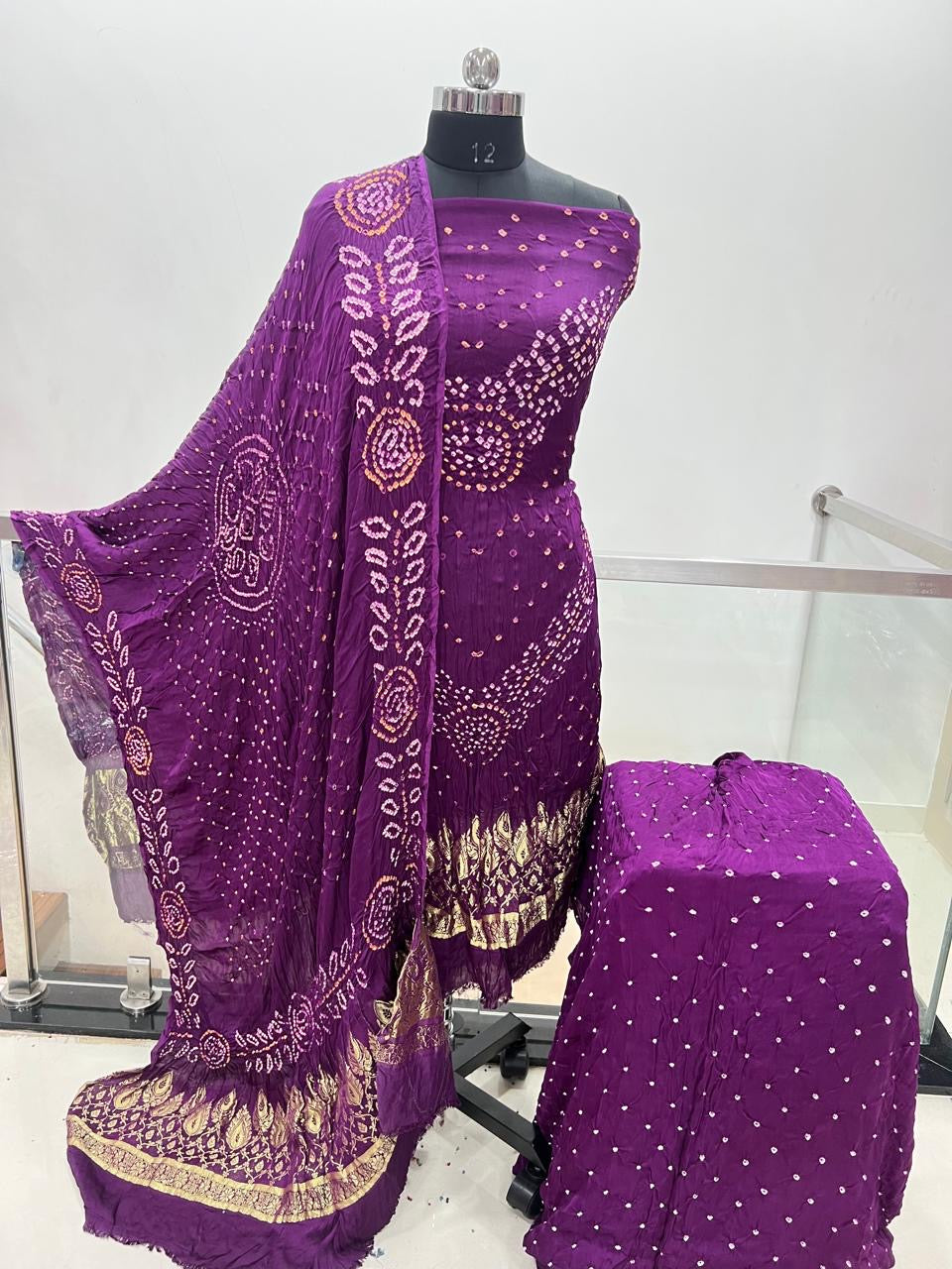 Modal Silk Original Jamnagar Hand Crafted Bandhej Work Bandhani Dress Material (Unstitched)