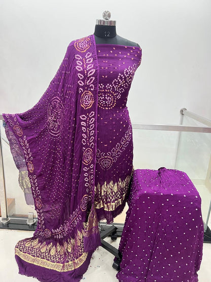 Modal Silk Original Jamnagar Hand Crafted Bandhej Work Bandhani Dress Material (Unstitched)