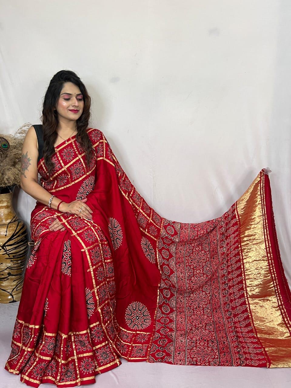 Modal Silk Original Hand Blocked Ajrakh work Lagdi Pallu Saree - Premium  from Ethenika.com  - Just INR 5990! Shop now at Ethenika.com 