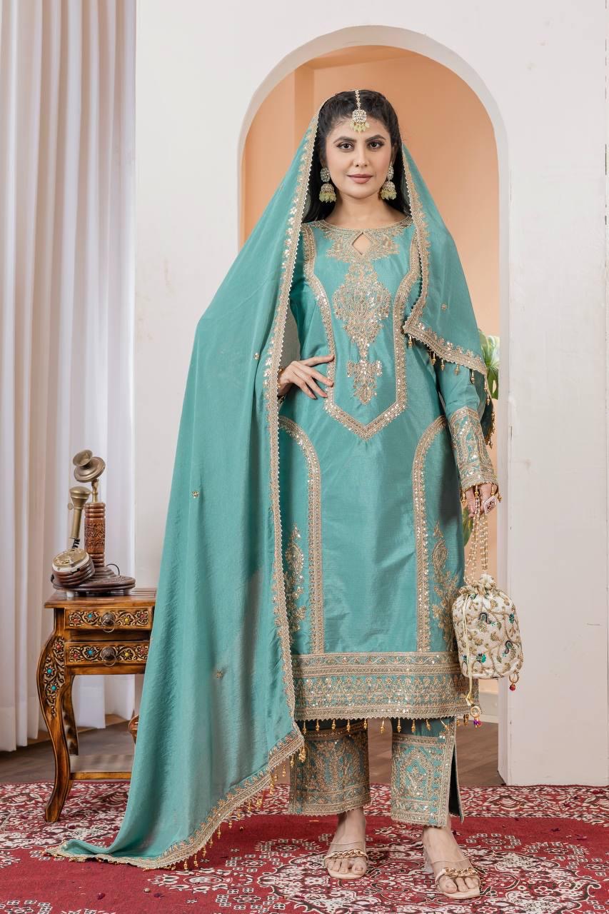 Chinon Silk Sequence Embroidery Work Pakistani Party Wear Salwar Suit Dupatta Set (Fully Stitched) - Premium  from Ethenika.com  - Just INR 3990! Shop now at Ethenika.com 