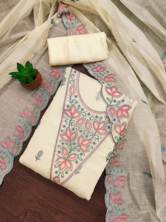 Chanderi Neck Embroidery Work Unstitched Salwar Suit Dupatta for Summers