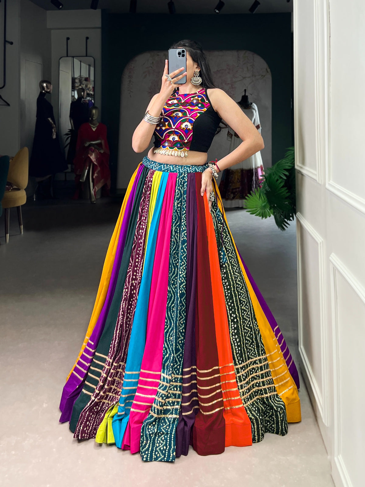 Rayon multicolor Gota Patti Lehenga Choli - full flair view