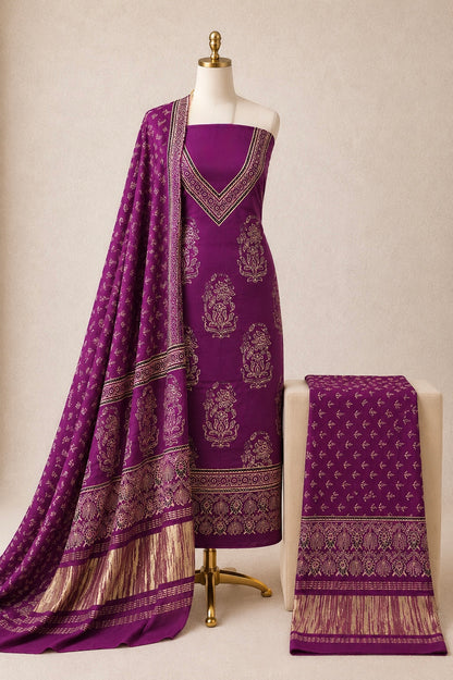 Fine Modal Silk Ajrakh Block Print Dress Material (Unstitched)