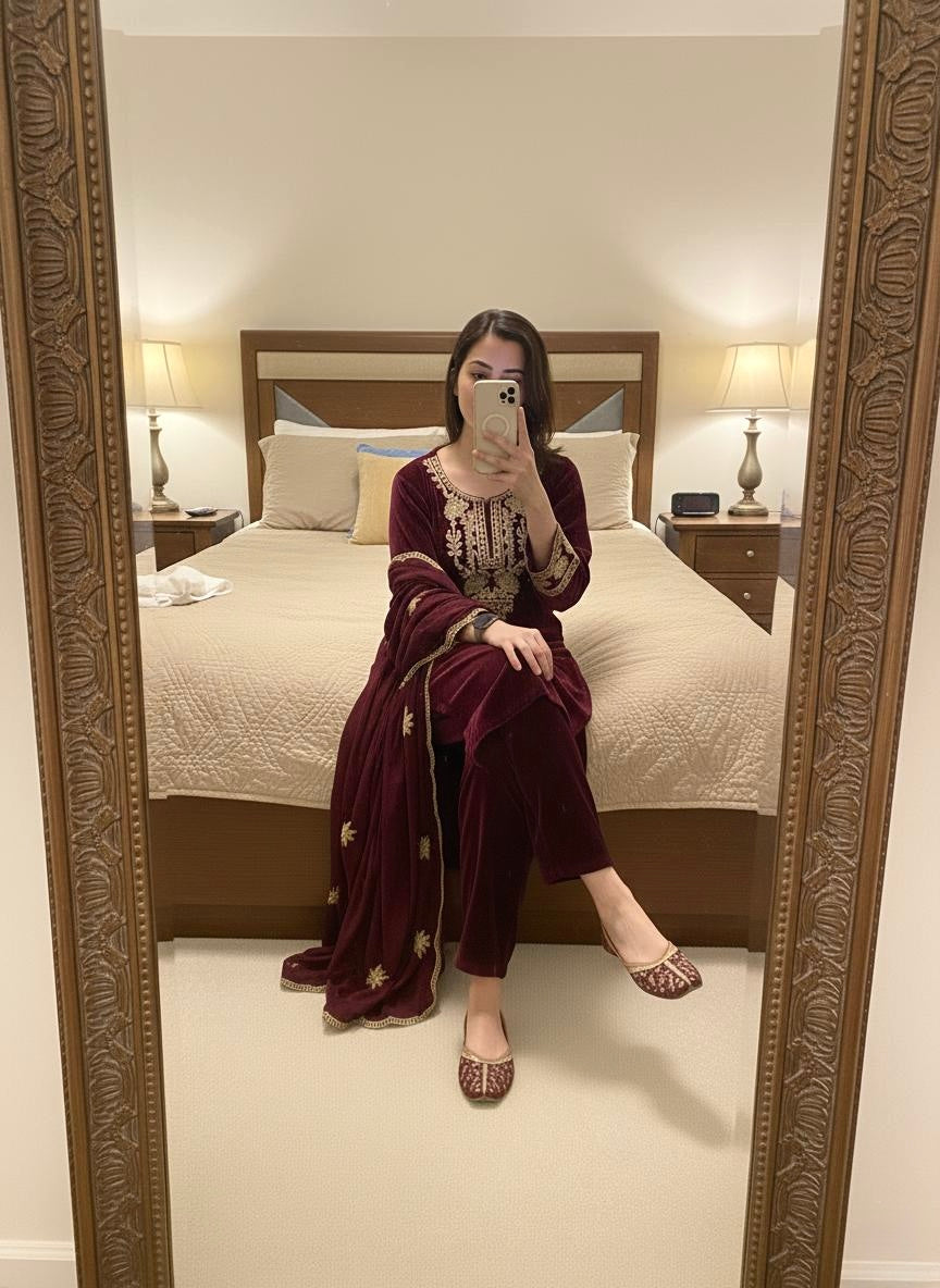 Ethenika Originals Velvet Designer Party Ready Wear Kurti Pant Dupatta Set