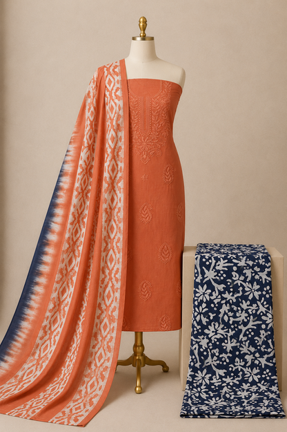 Soft Cotton Lakhnavi Thread Work 3Pc Unstitched Batik Dress Material