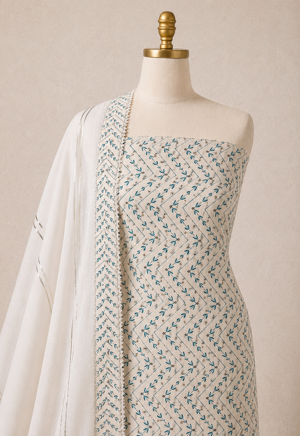 Pure Soft Cotton Chevron Leaf Pattern Unstitched 3Pc Dress Material