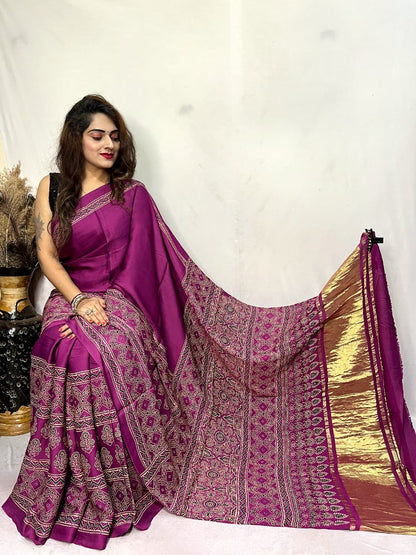 Modal fine Silk Hand Blocked Ajrakh work Saree - Premium  from Ethenika.com  - Just INR 5990! Shop now at Ethenika.com 