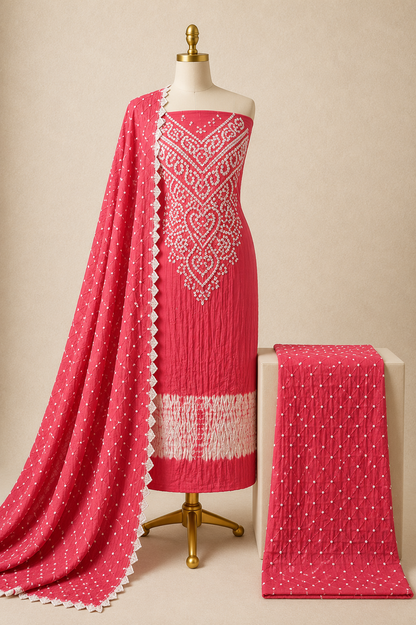 Cotton Self Color Kusum Work 3Pc Unstitched Bandhani Dress Material