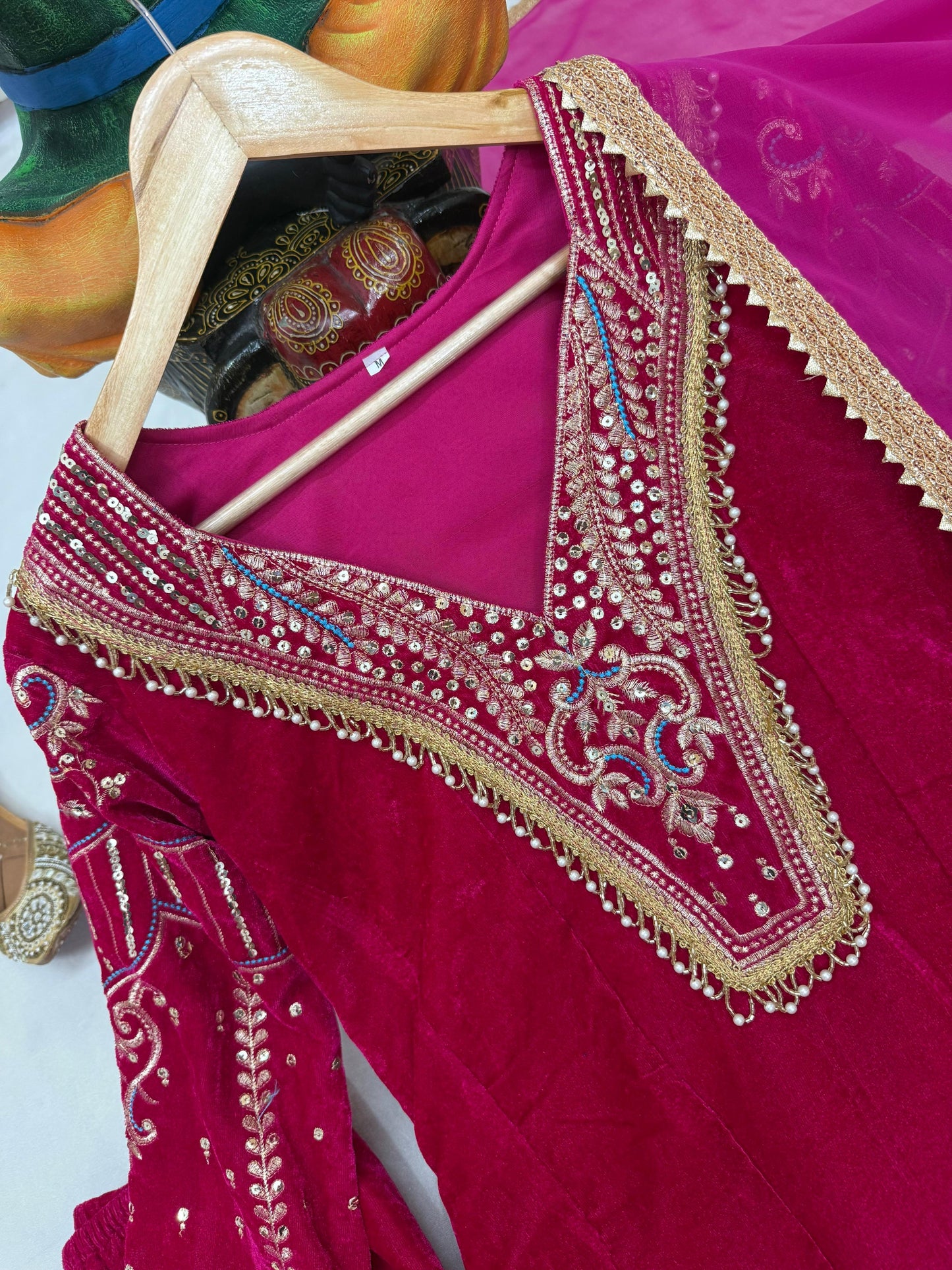 Premium Multi Color Embroidery Work Designer Velvet Kurti Pant Dupatta Set (Ready to Wear)