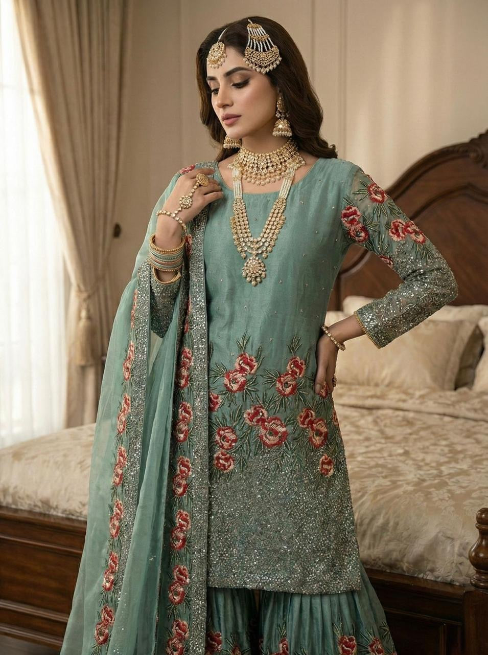 Fendy Silk Designer Kurti Sharara Dupatta Set for Eid