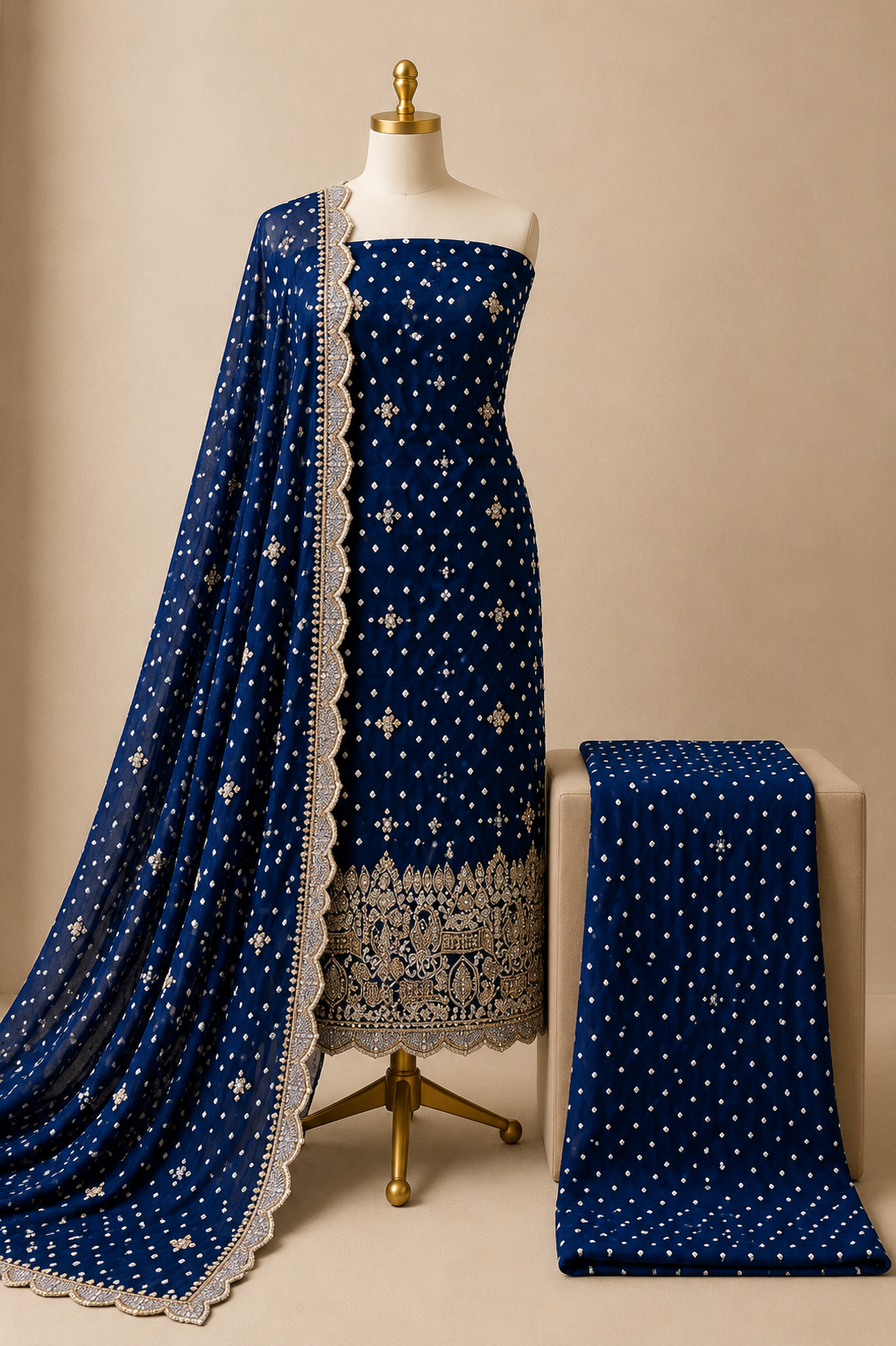 Pure Georgette 100% Hand Zardosi Work 3Pc Unstitched Bandhani Dress Material
