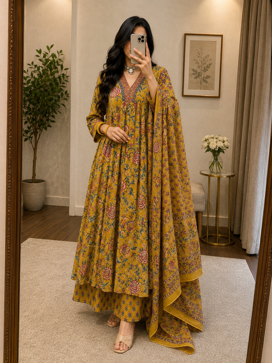 Pure Cotton Floral Printed A Line 3Pc Kurti Pant Dupatta Set