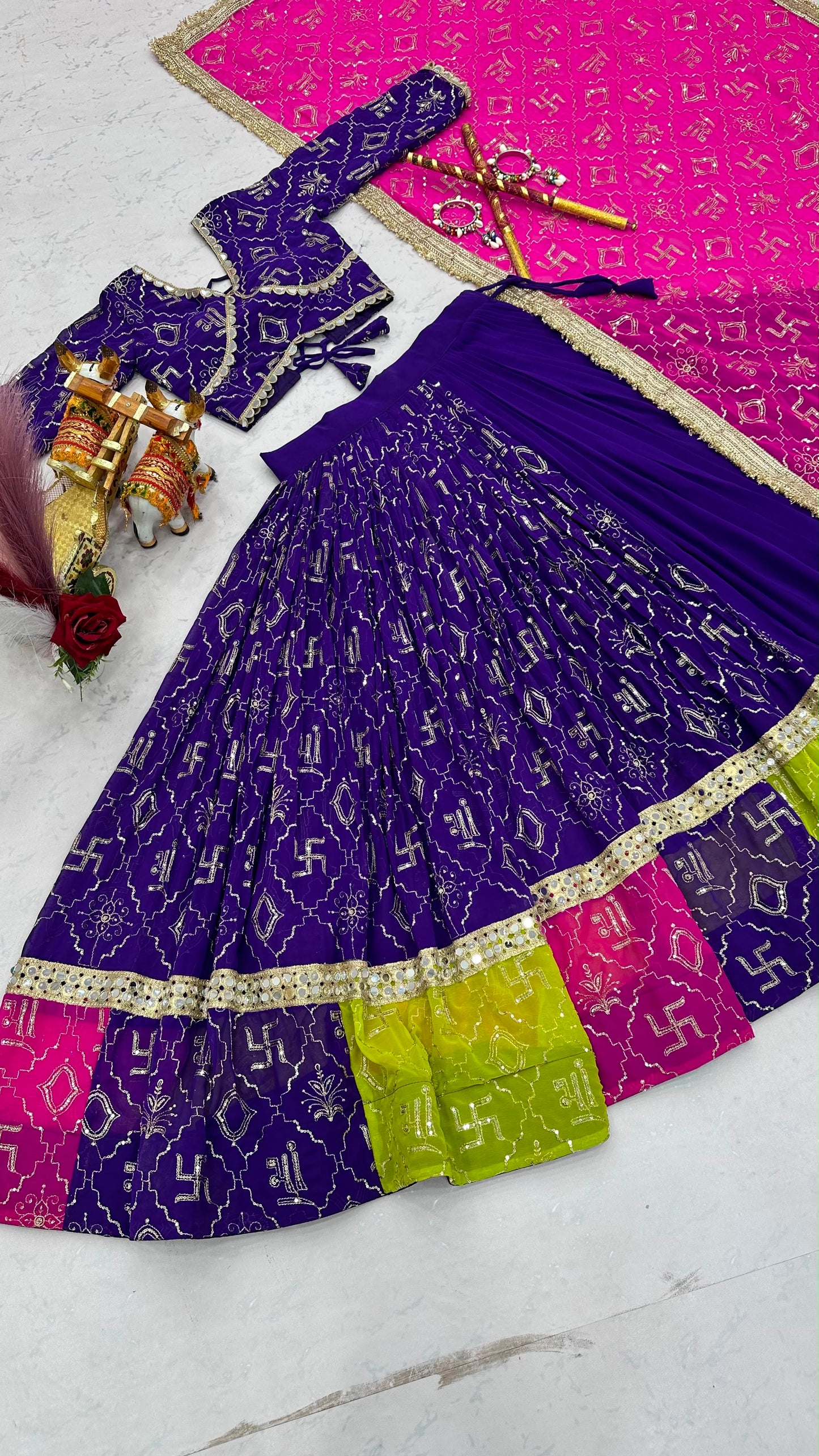 Faux Georgette Mirror Work Designer Chaniya Choli with Dupatta - 6 Meter Flair