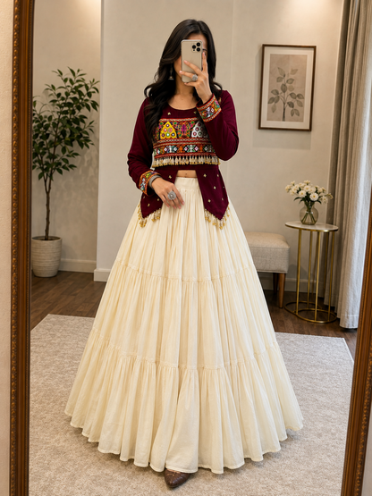 Pure Cotton Kodi Gamthi Hand Embroidered Designer Lehenga Choli - 9 Meter Flair