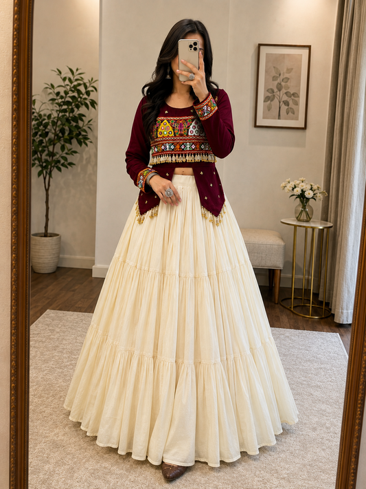 Pure Cotton Kodi Gamthi Hand Embroidered Designer Lehenga Choli - 9 Meter Flair