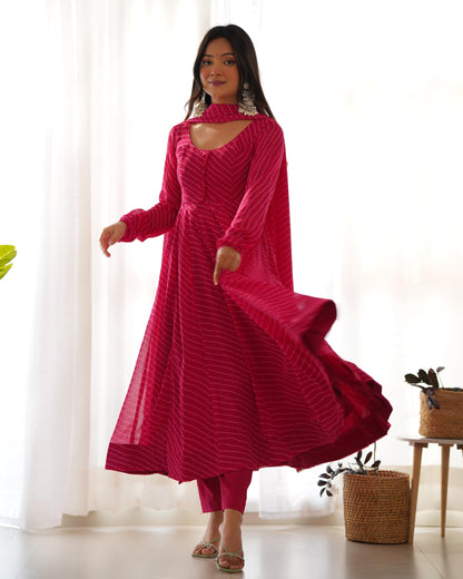 Faux Georgette Leheriya Print Anarkali 4M Flair Kurti Pant Dupatta Set (Ready To Wear) - Premium  from Ethenika.com  - Just INR 2990! Shop now at Ethenika.com 