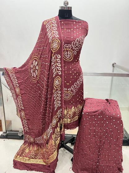 Modal Silk Original Jamnagar Hand Crafted Bandhej Work Bandhani Dress Material (Unstitched)