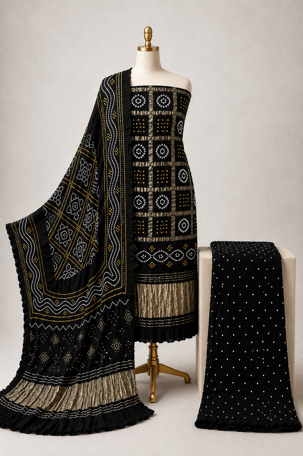 Modal Silk Golden Chex Work Jamnagar 3Pc Unstitched Dress Material