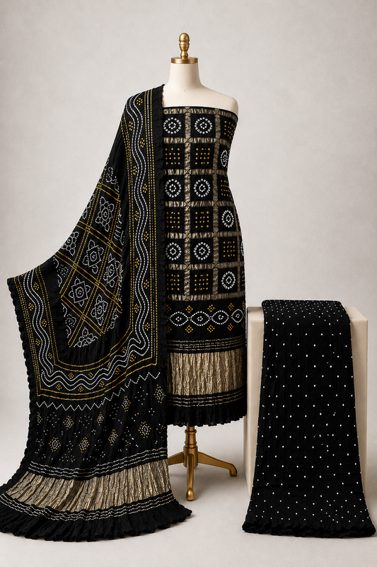 Modal Silk Golden Chex Work Jamnagar 3Pc Unstitched Dress Material