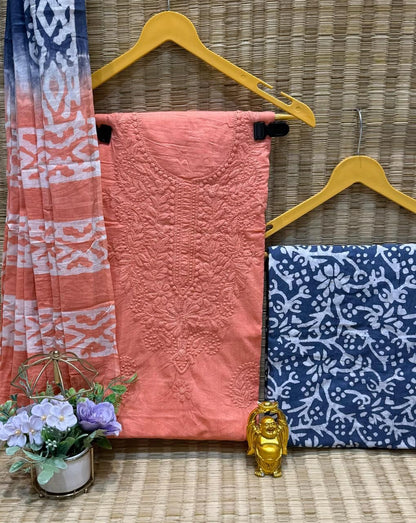 Cotton Lakhnavi Thread Work Batik Dress Material