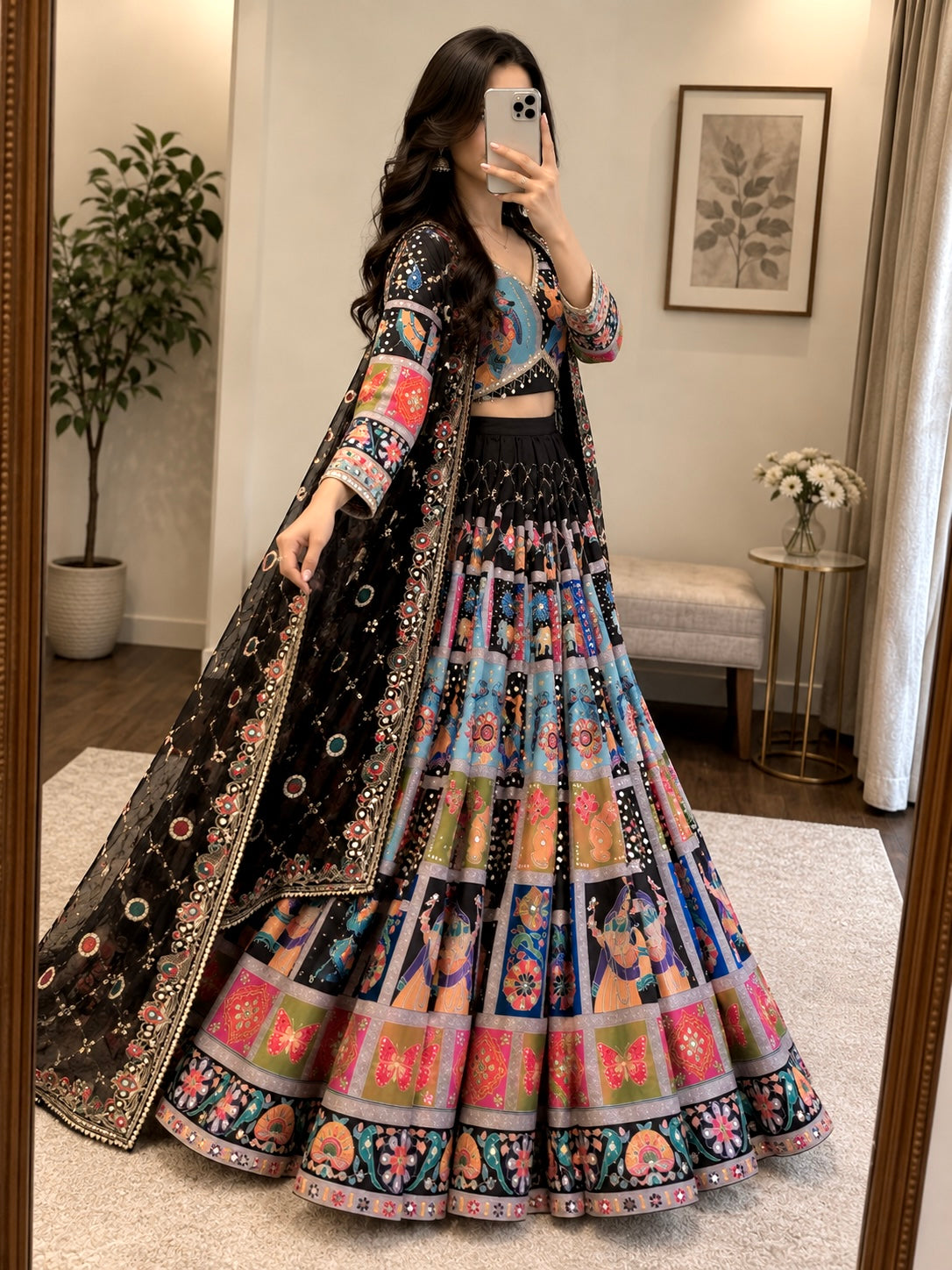 Black Mirror Work Chaniya Choli with Georgette Dupatta - Navratri Special