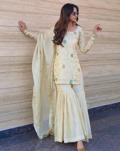 Sequence Embroidery Work Trending Kurti Sharara Dupatta Set