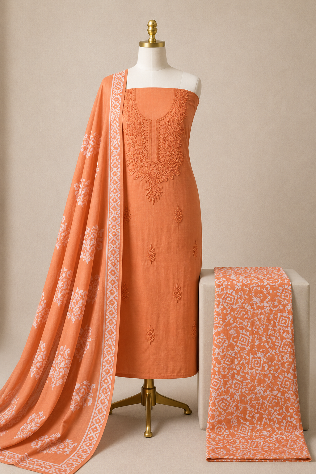 Soft cotton Batik dress material set - top, bottom and dupatta