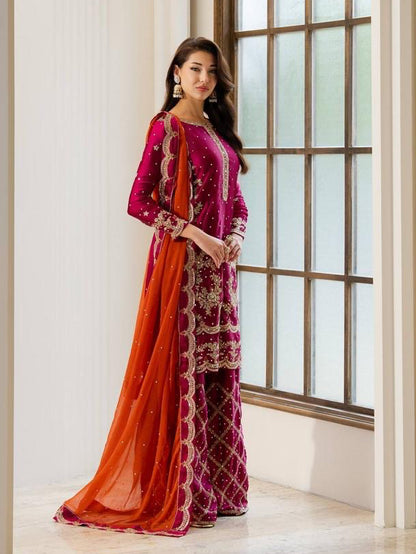 Designer Kurti Palazzo Set | Chinon Silk Zari Embroidery | Ready to Wear