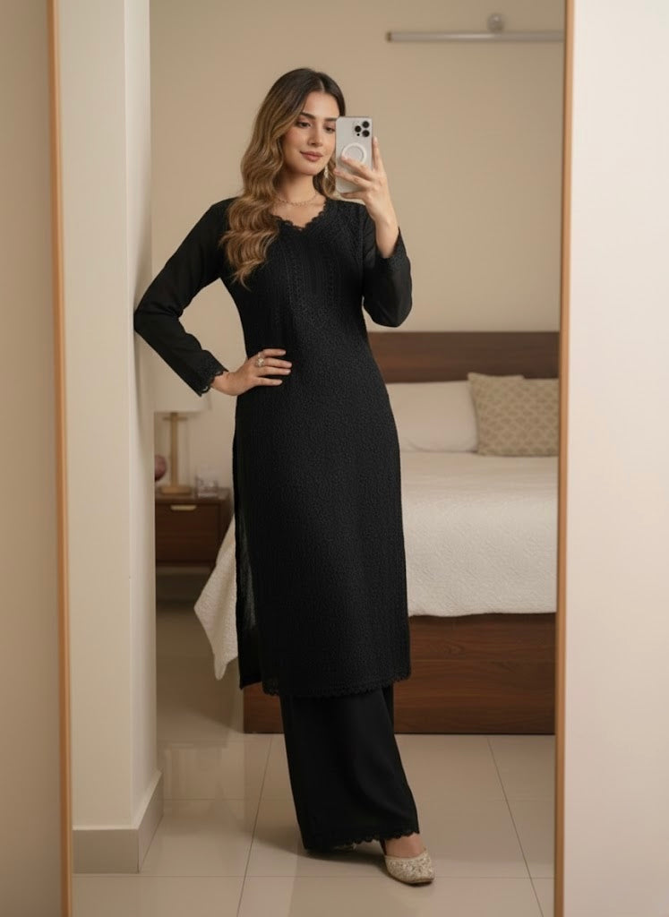 Faux Georgette Chikankari Kurti Palazzo Set