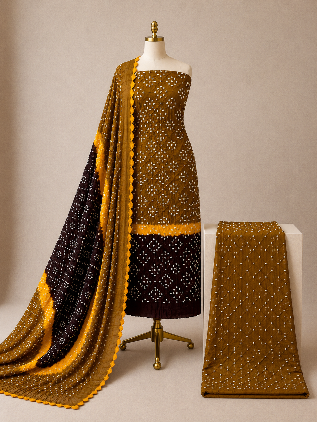 Cotton Satin Contrast Handmade Kutch 3Pc Unstitched Bandhani Dress Material