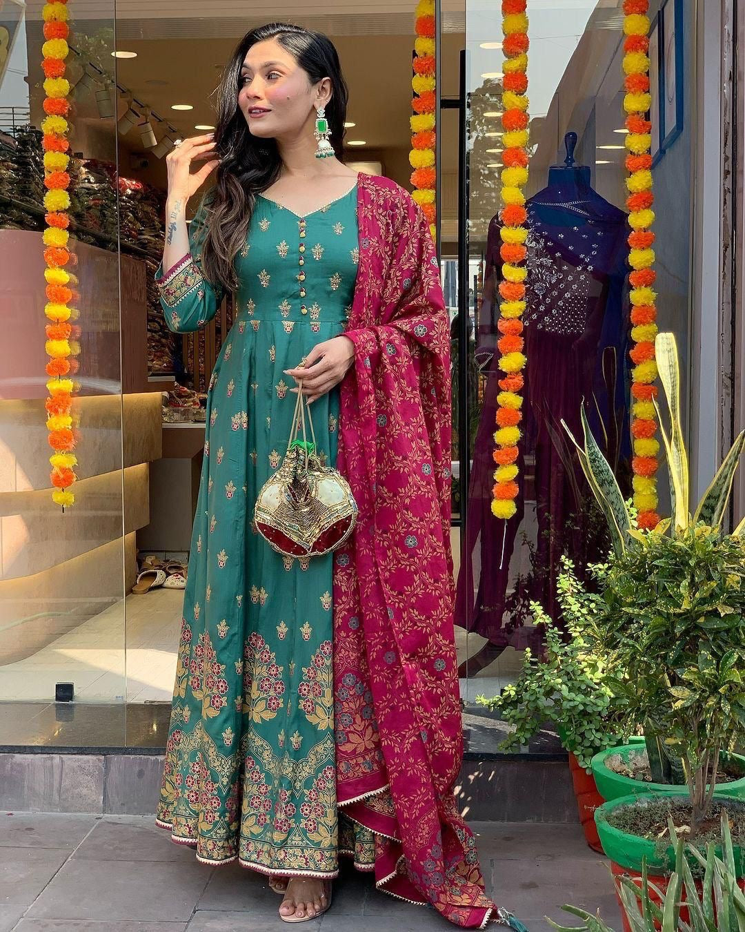 Roman Silk Foil Work Kurti Pant Dupatta Set (Stitched) - Premium  from Ethenika.com  - Just INR 2990! Shop now at Ethenika.com 