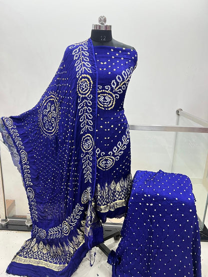 Modal Silk Original Jamnagar Hand Crafted Bandhej Work Bandhani Dress Material (Unstitched)