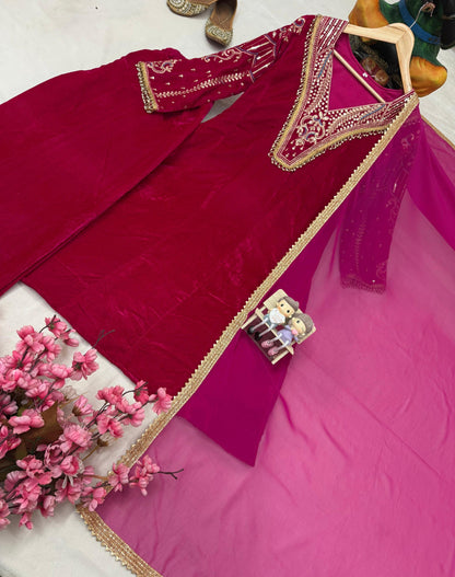 Premium Multi Color Embroidery Work Designer Velvet Kurti Pant Dupatta Set (Ready to Wear)