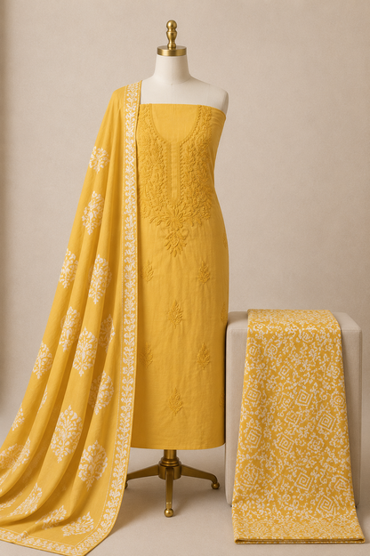 Hand-block Batik print detail on soft cotton Lakhnavi dress material