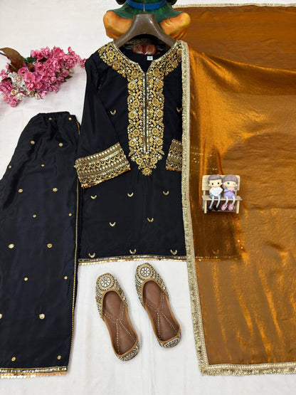 Chinon Silk Ready Wear Designer Kurti Palazzo Dupatta Set