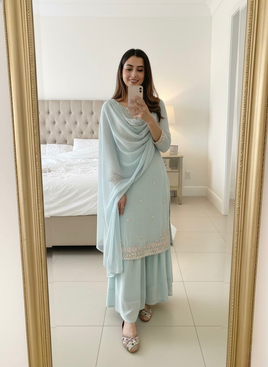 Faux Georgette Sequence Embroidery Work Designer Kurti Palazzo Dupatta Set (Ready to Wear)