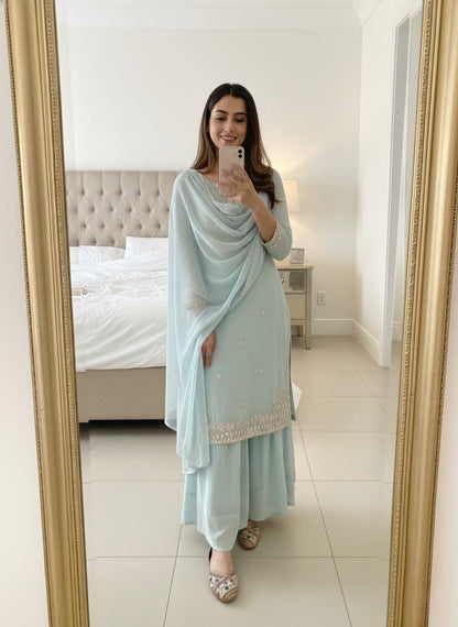 Faux Georgette Sequence Embroidery Work Designer Kurti Palazzo Dupatta Set (Ready to Wear)