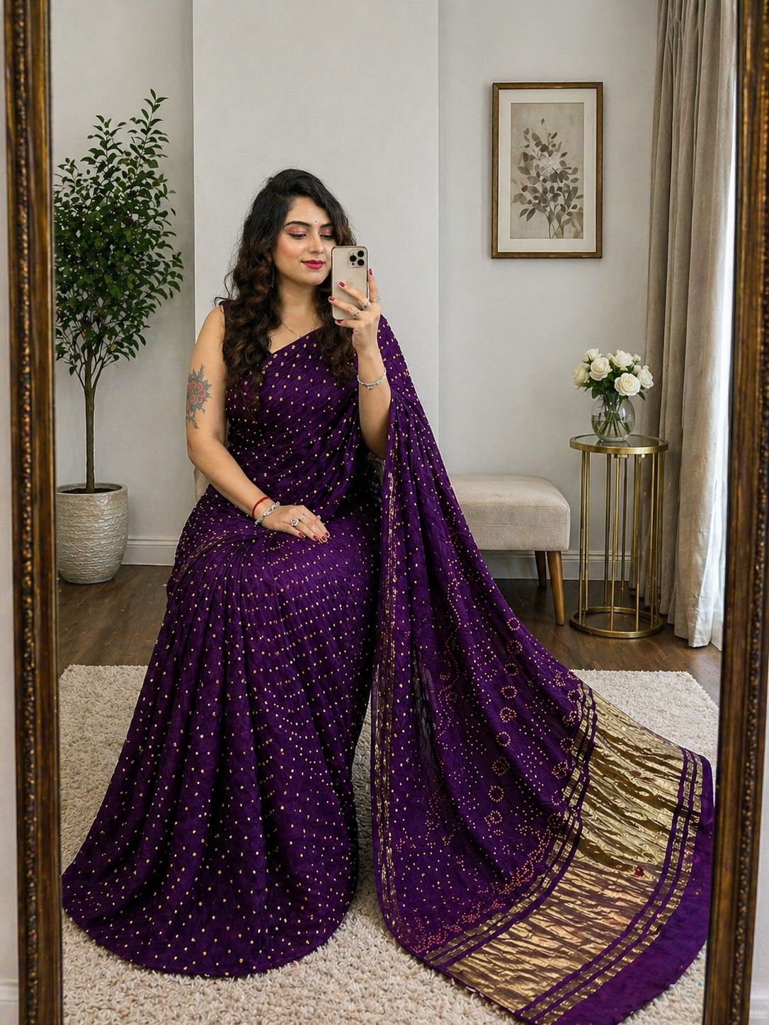 Ethenika Silk Purple Color Bandhani Saree 