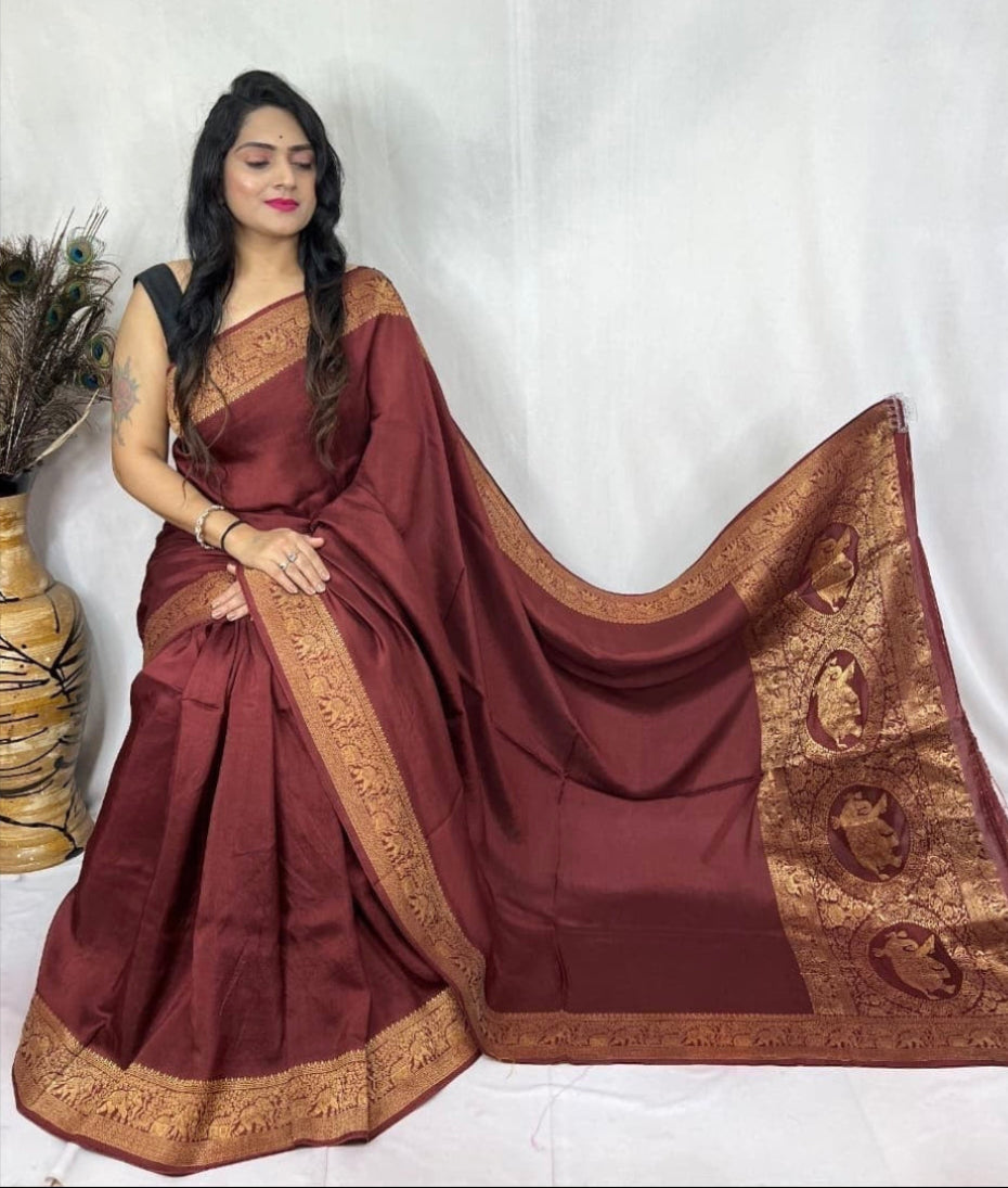 Dola Silk Plain Dye Golden Embroidery Work Silk Saree