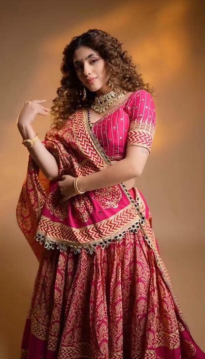 Printed Mirror Work Rayon Chaniya Choli - full outfit styled
