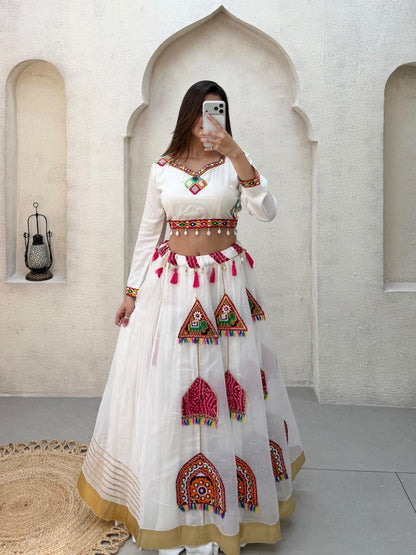 White rayon mirror work Chaniya Choli for Garba - front view