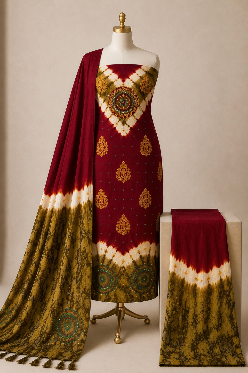Soft Cotton Mirror Khatli Thread Work 3pc Unstitched Shibori Bandhani Dress Material