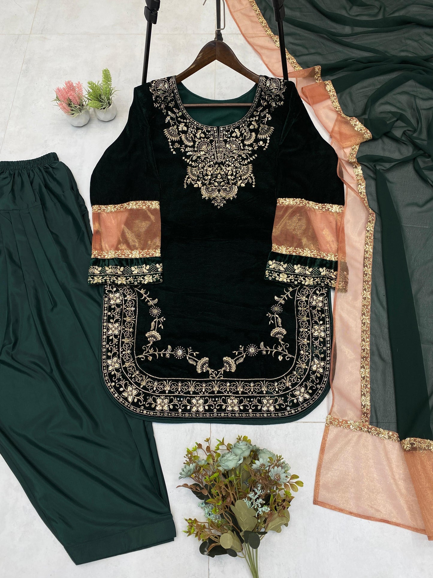 Ethenika Original Sequence Embroidery Work Designer Party Wear Velvet Kurti Pant Dupatta Set (Ready To Wear)