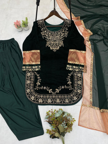 Ethenika Original Sequence Embroidery Work Designer Party Wear Velvet Kurti Pant Dupatta Set (Ready To Wear)