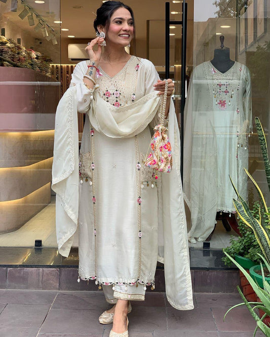 Pure Roman Silk Sequence Embroidery with Kodi Work Summer Special Kurti Pant Dupatta Set - Premium  from Ethenika.com  - Just INR 3090! Shop now at Ethenika.com 