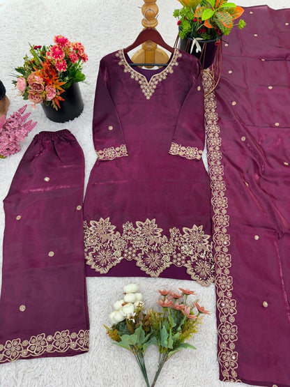 Designer Embroidery Kurti Palazzo Set | Jimmy Choo Silk | Ready to Wear