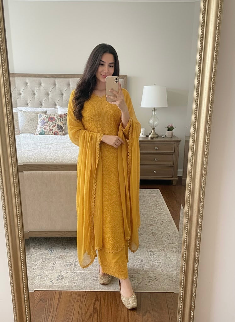 Faux Georgette Chikankari Kurti Palazzo Dupatta Set